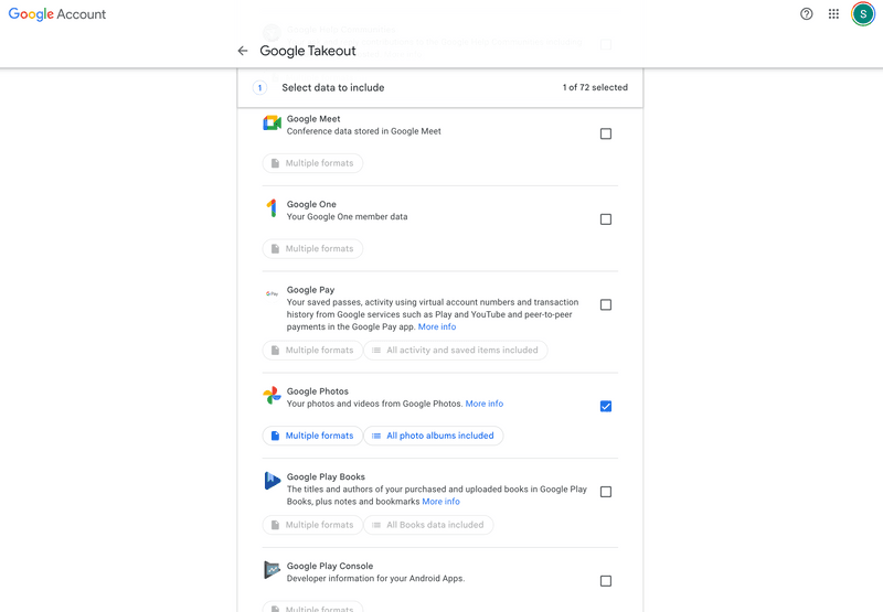 Second step of
exporting Zips from Google Photos via Takeout Second step of
exporting Zips from Google Photos via Takeout