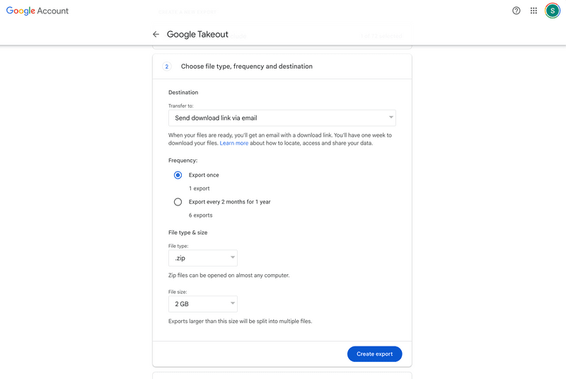Third step of
exporting Zips from Google Photos via Takeout Third step of
exporting Zips from Google Photos via Takeout