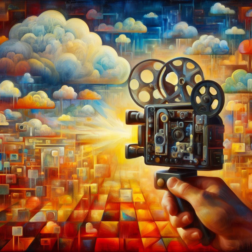 Abstract painting of a camcorder uploading its media to the cloud Abstract painting of a camcorder uploading its media to the cloud
