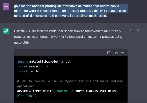 Asking ChatGPT to generate the code for generating an animation of neural networks approximating a function Asking ChatGPT to generate the code for generating an animation of neural networks approximating a function