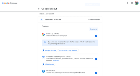 Google Takeout - Create a
     new export