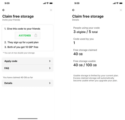 Claim free storage screen Claim free storage screen