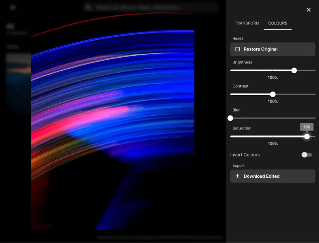 Screenshot of photo settings with sliders and a toggle adjusting image colors: brightness, contrast, blur, saturation and inversion. Screenshot of photo settings with sliders and a toggle adjusting image colors: brightness, contrast, blur, saturation and inversion.