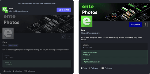 Ente's old and new accounts on Mastodon Ente's old and new accounts on Mastodon