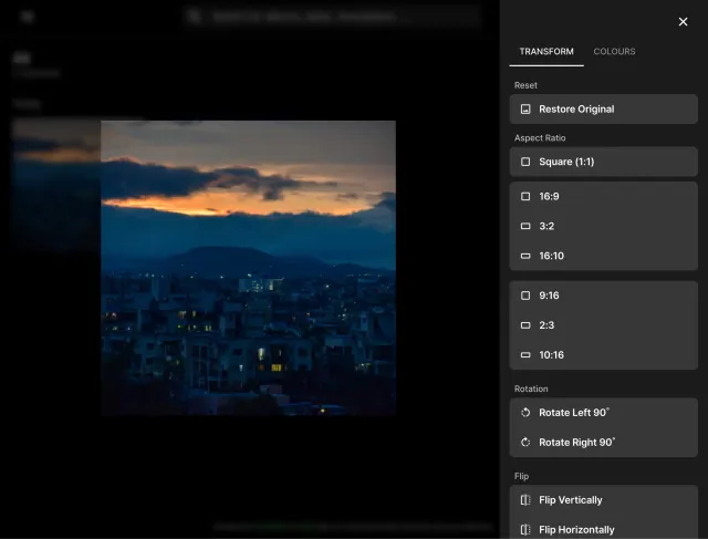 Screenshot of photo settings with options for colors, aspect ratio, rotation, and flipping. Screenshot of photo settings with options for colors, aspect ratio, rotation, and flipping.