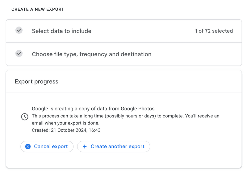 Fourth step of
exporting Zips from Google Photos via Takeout Fourth step of
exporting Zips from Google Photos via Takeout