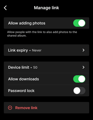 Enable 'Allow adding
photos' in link settings Enable 'Allow adding
photos' in link settings