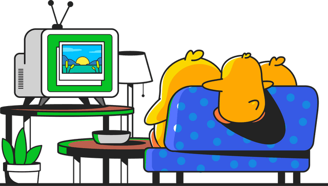 A family of yellow ducklings sitting on a blue couch in front of an old-fashioned TV with a pair of antennae displaying two photograph icons. Text with large font at the top half of the image reads 'Cast albums to TV with Ente.' A family of yellow ducklings sitting on a blue couch in front of an old-fashioned TV with a pair of antennae displaying two photograph icons. Text with large font at the top half of the image reads 'Cast albums to TV with Ente.'
